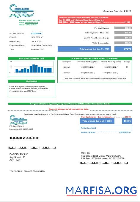 Realistic USA Consolidated Mutual Water business utility bill template in Word and PDF formats